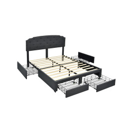 Upholstered Bed Frame with 4 Storage Drawers and Adjustable Button-Tufte