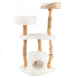 Solid Wood Cat Tower with Top Cattail Basket Cat Bed for Indoor Cats