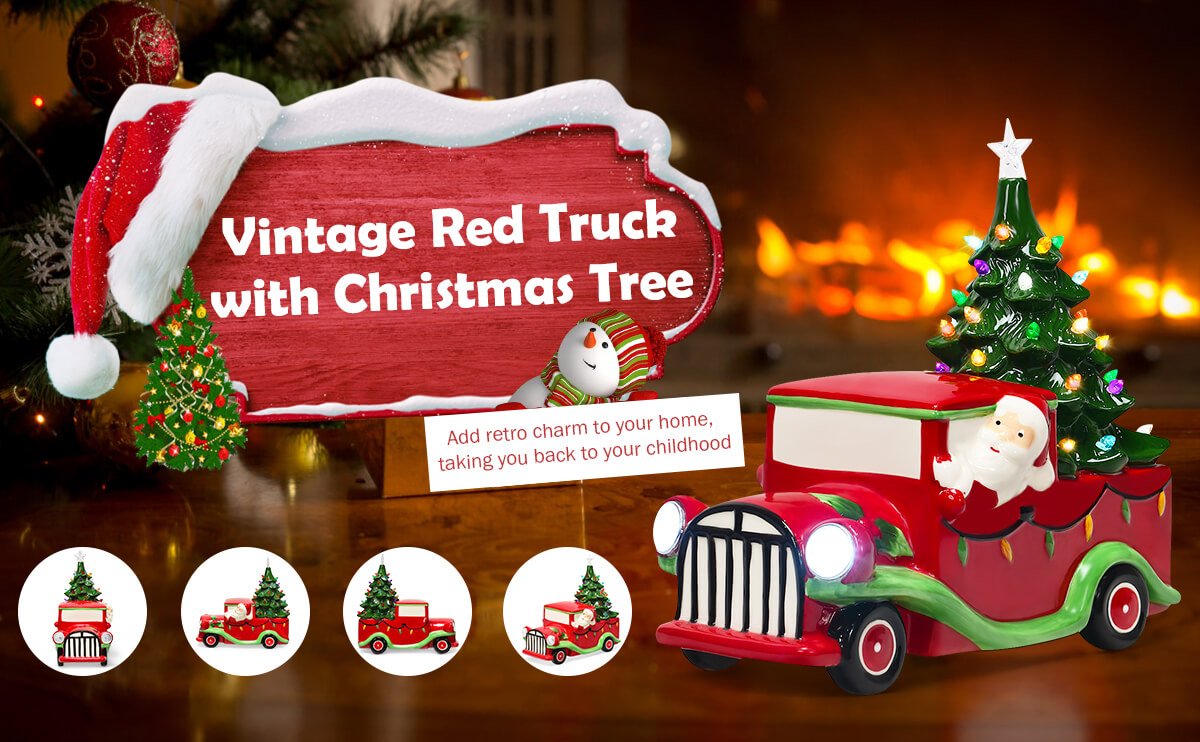 Pre-Lit Vintage Tabletop Ceramic Christmas Tree Truck with Battery