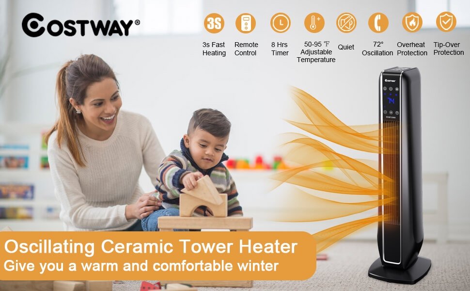 1500W Portable Oscillating Electric Space Tower Heater with Remote Control