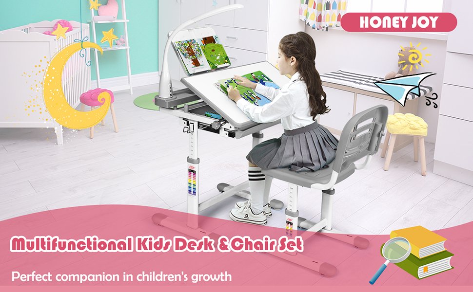 Adjustable Kids Desk Chair Set with Lamp and Bookstand