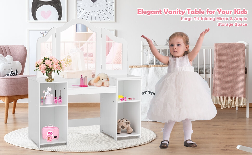 Kids Vanity Table 2 In 1 Detachable Design With Dressing Table And Writing Desk Makeup Dressing Table With 4 Large Storage Shelves Dressing Table With Plastic Three Panel Mirror For Kids And Girls