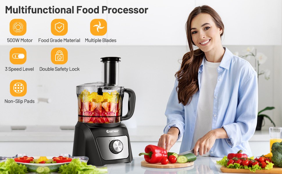 8 Cup Food Processor 500W Variable Speed Blender Chopper with 3 Blades