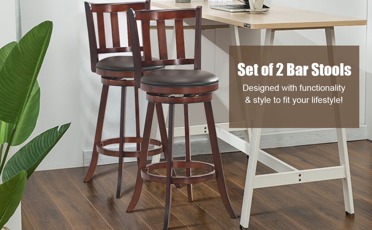 Set of 2 Wood Swivel Counter Height Dining Pub Bar Stools with PVC Cushioned Seat