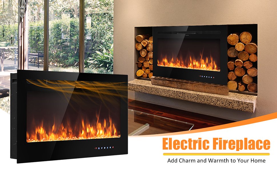 36 Inch Electric Wall Mounted Ultrathin Fireplace with Touch Screen and Timer