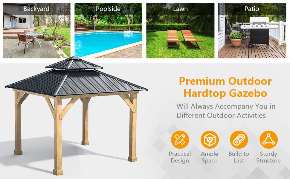 10 x 10 Patio Hardtop Gazebo with Double Steel Roof for Outdoor
