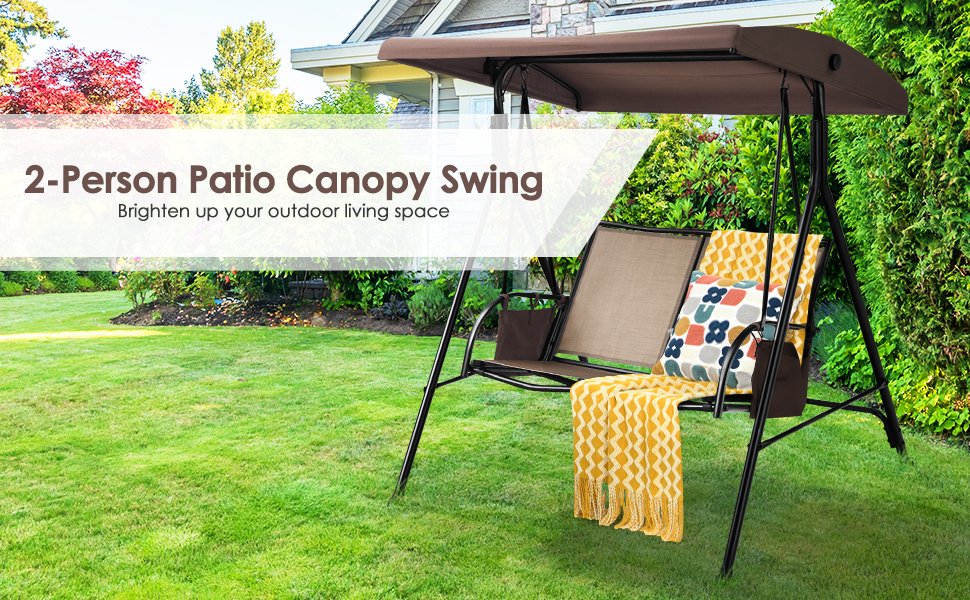 2 Seat Patio Porch Swing with Adjustable Canopy Storage Pockets
