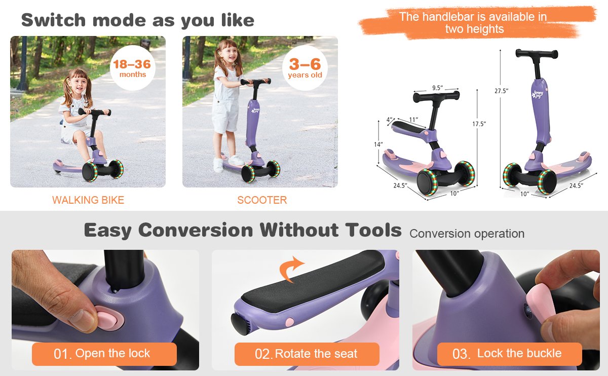 2 in 1 Kids Kick Scooter with Flash Wheels for Girls Boys from 1.5 to 6 Years Old