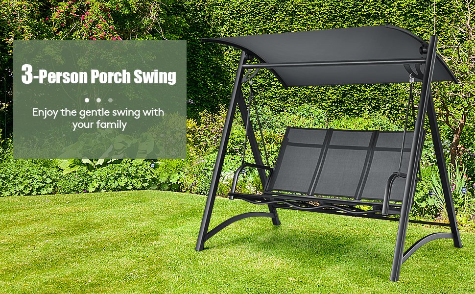 3-Person Porch Swing Chair with Anti-rust Aluminum Frame and Adjustable Canopy