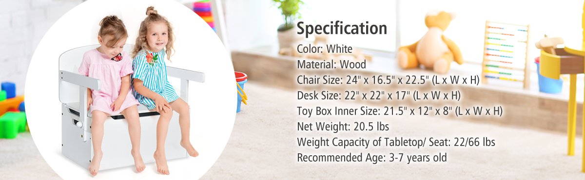 3-in-1 Kids Convertible Storage Bench Wood Activity Table and Chair Set