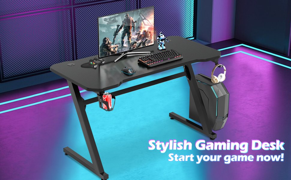 47 Inch Z-Shaped Computer Table with Cup Holder Headphone Hook