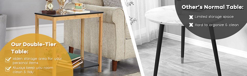 Bamboo Side Table 2-Tier Sofa End Console Table with Storage Shelf Felt Pad for Bedroom