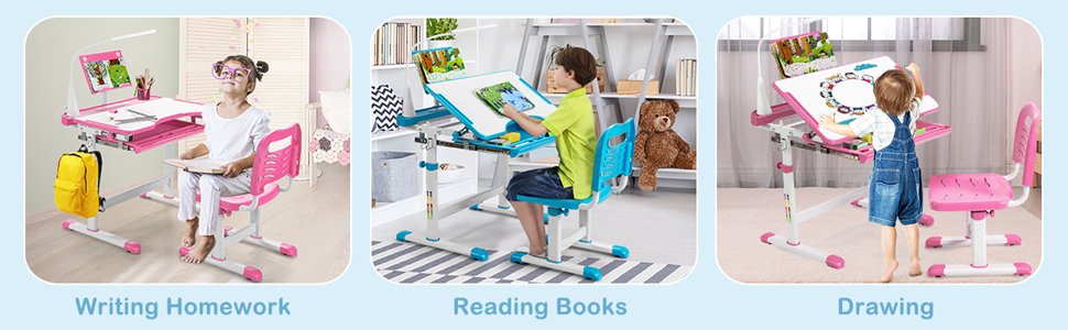 Height Adjustable Kids Study Table and Chair Set with Bookstand