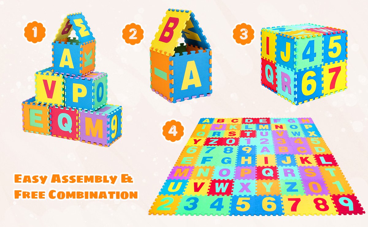 Kids Foam Interlocking Puzzle Play Mat with Alphabet and Numbers 72-Piece Set