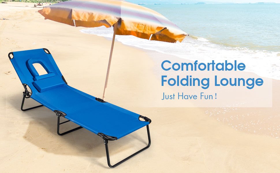 Outdoor Folding Chaise Beach Pool Patio Lounge Chair Bed with Adjustable Back and Holen