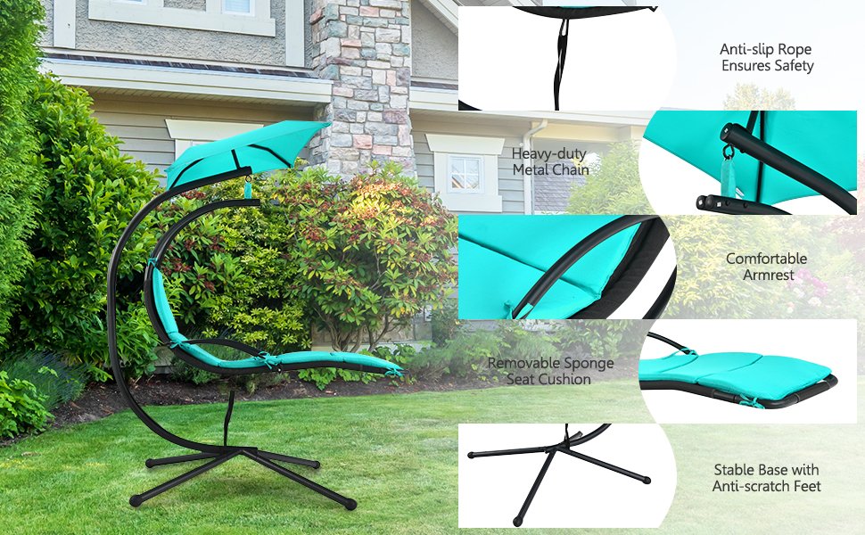 Patio Hanging Hammock Chaise Lounge Chair with Canopy Cushion