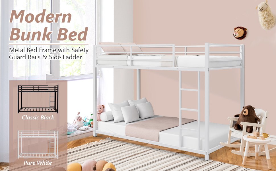  Bunk Bed Frame Platform-Metal Bed Frame with Safety Guard Rails & Side Ladder