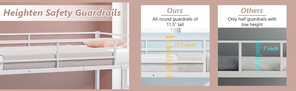 Twin Over Twin Bunk Bed Frame Platform with Guard Rails and Side Ladder-Heighten Safety Guardrails