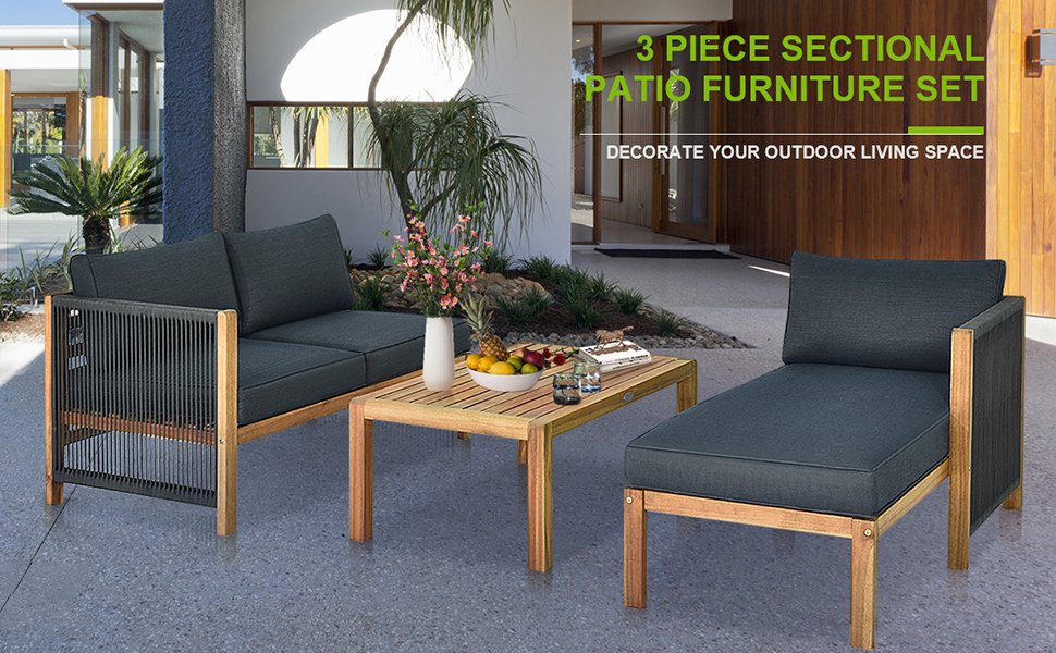 3 Piece Patio Acacia Sofa Set with Nylon Armrest