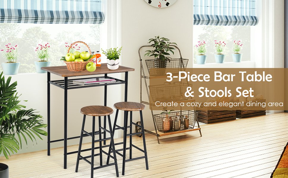 3 Pieces Bar Table Set with 2 Stools