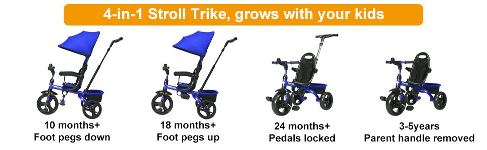 4-in-1 Kids Tricycle with Adjustable Push Handle