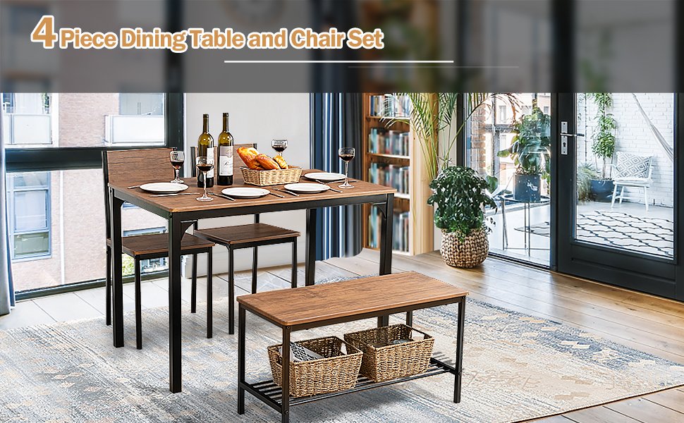 4 Pieces Rustic Dining Table Set with 2 Chairs and Bench
