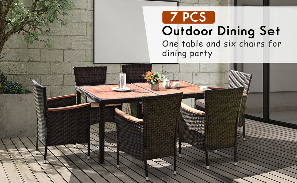 7 Pieces Garden Dining Patio Rattan Set with Cushions