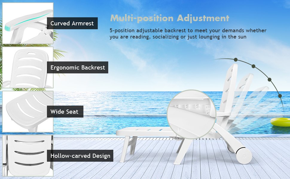 5 Position Adjustable Folding Lounger Chaise Chair on Wheels - Costway