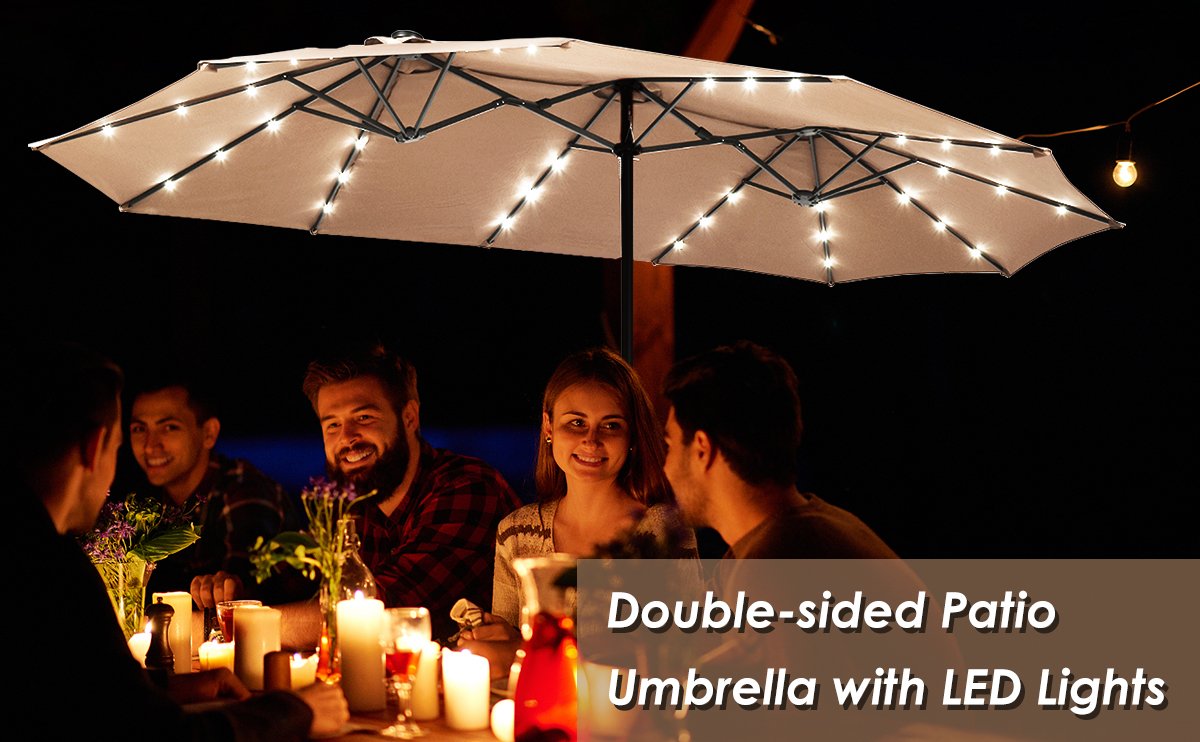 15 Feet Solar LED Patio Double-sided Umbrella with Weight Base