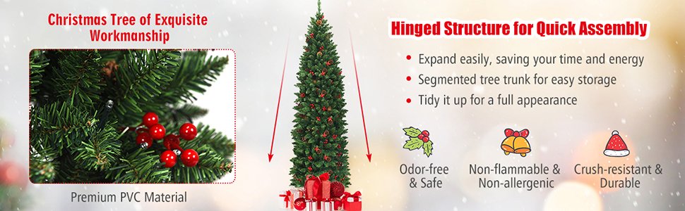 4.5 Feet Pre-lit Hinged Pencil Christmas Tree with Pine Cones Red Berries and 150 Lights