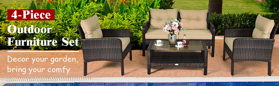 4 Pieces Outdoor Rattan Wicker Furniture Set with Cushions
