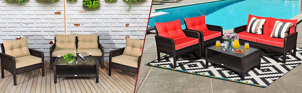 4 Pieces Outdoor Rattan Wicker Furniture Set with Cushions