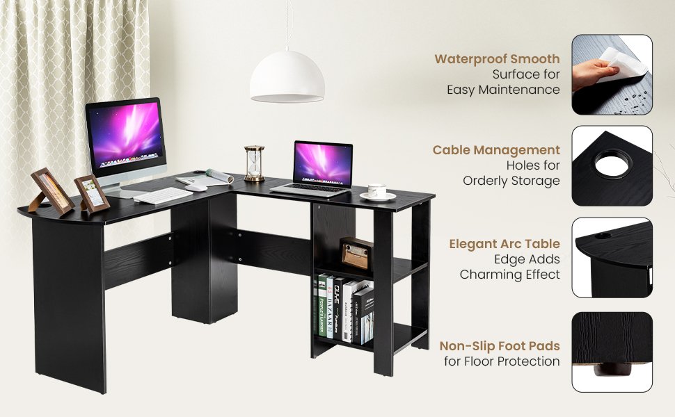 Modern L-Shaped Computer Desk with Shelves
