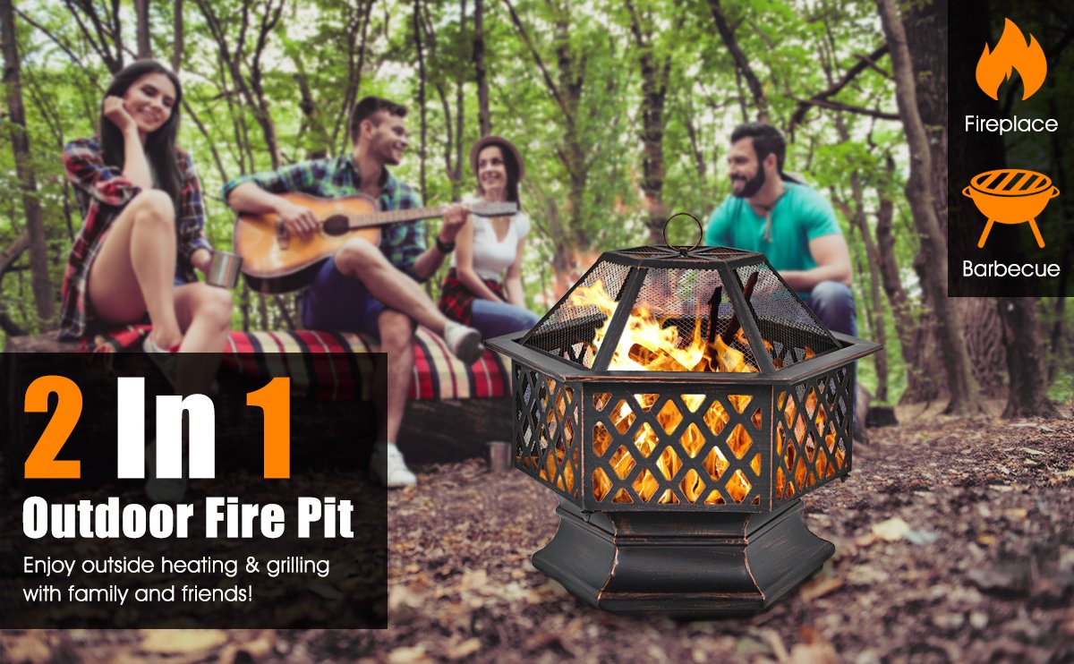 26 Inch Hex-shaped Portable Wood Burning Firepit Bowl with Screen Cover and Poker