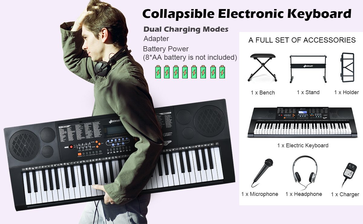 61-Key Electronic Keyboard Piano Set with Full Size Lighted Keys