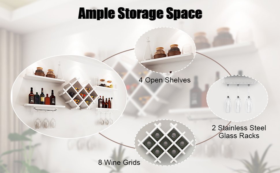 Set of 5 Wall Mount Wine Rack Set with Storage Shelves