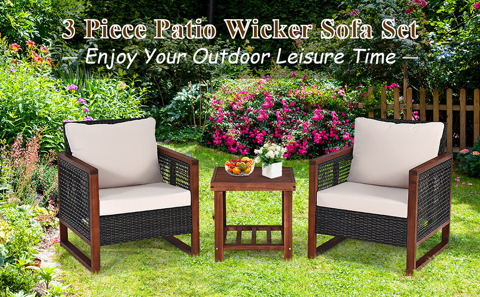 3 Pieces Patio Wicker Furniture Sofa Set with Wooden Frame and Cushion