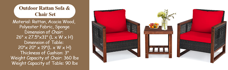 3 Pieces Patio Wicker Furniture Sofa Set with Wooden Frame and Cushion