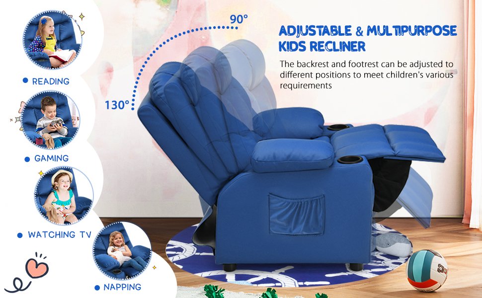 Adjustable Lounge Chair with Footrest and Side Pockets for Children