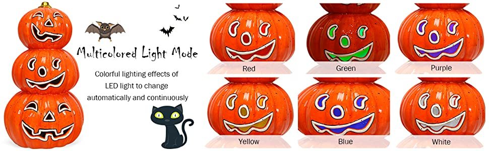 Halloween 3-Tier Color-Changing Lighted Ceramic Pumpkin Lantern