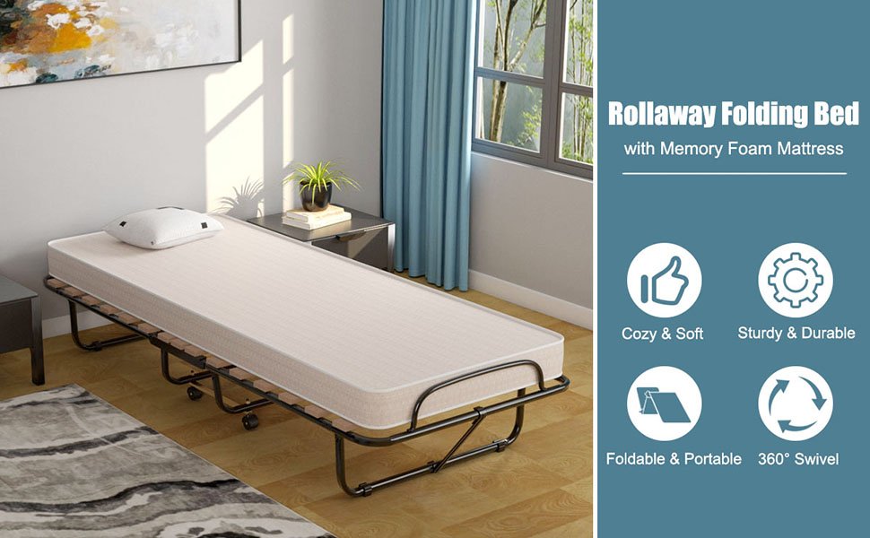  Extra Guest Folding Bed with Memory Foam Mattress-Rollaway Folding Bed