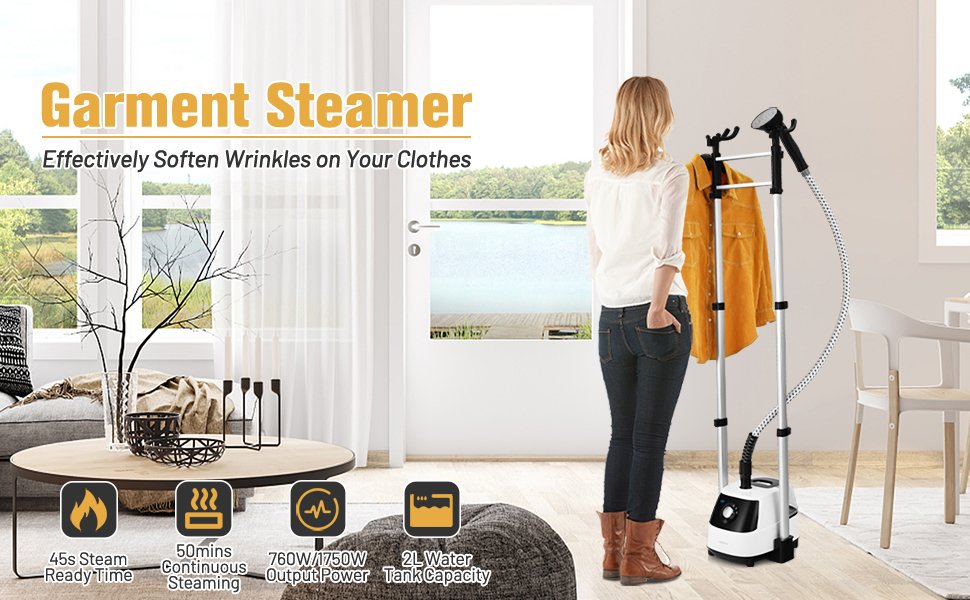 1750W Garment Steamer with 2L Detachable Water Tank and 2-Level Steam