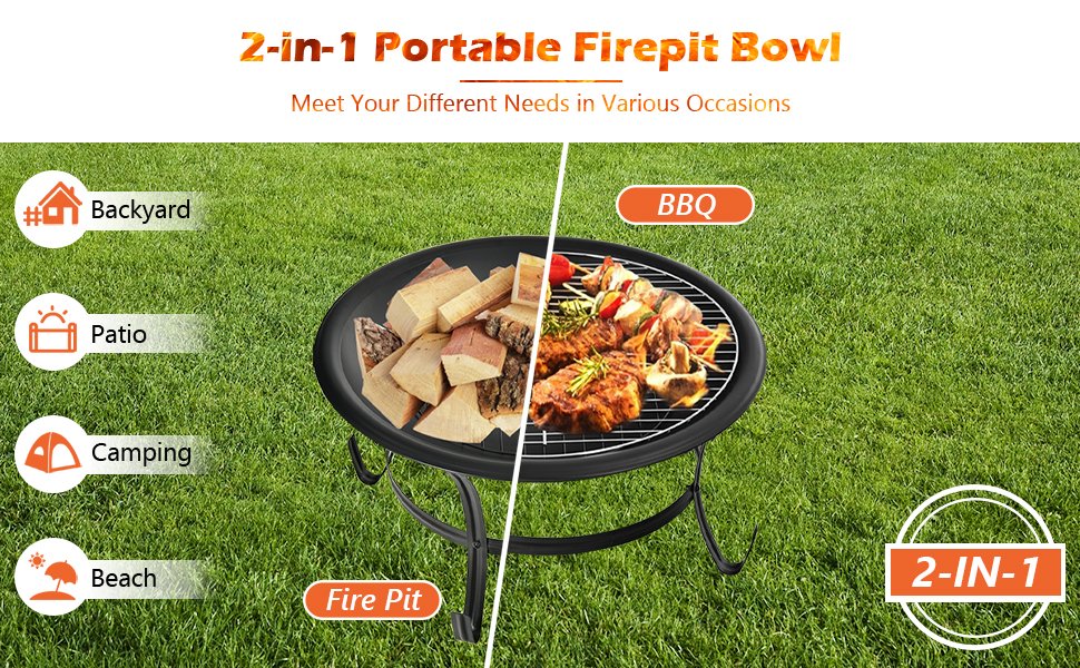 22 Inch Steel Outdoor Fire Pit Bowl With Wood Grate4