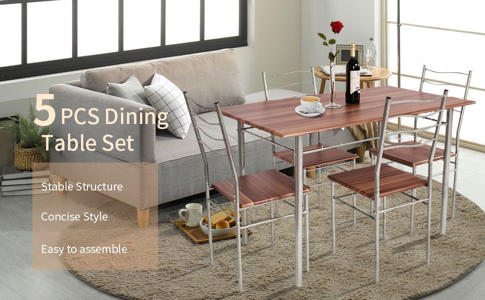 5 Pieces Wood Metal Dining Table Set with 4 Chairs