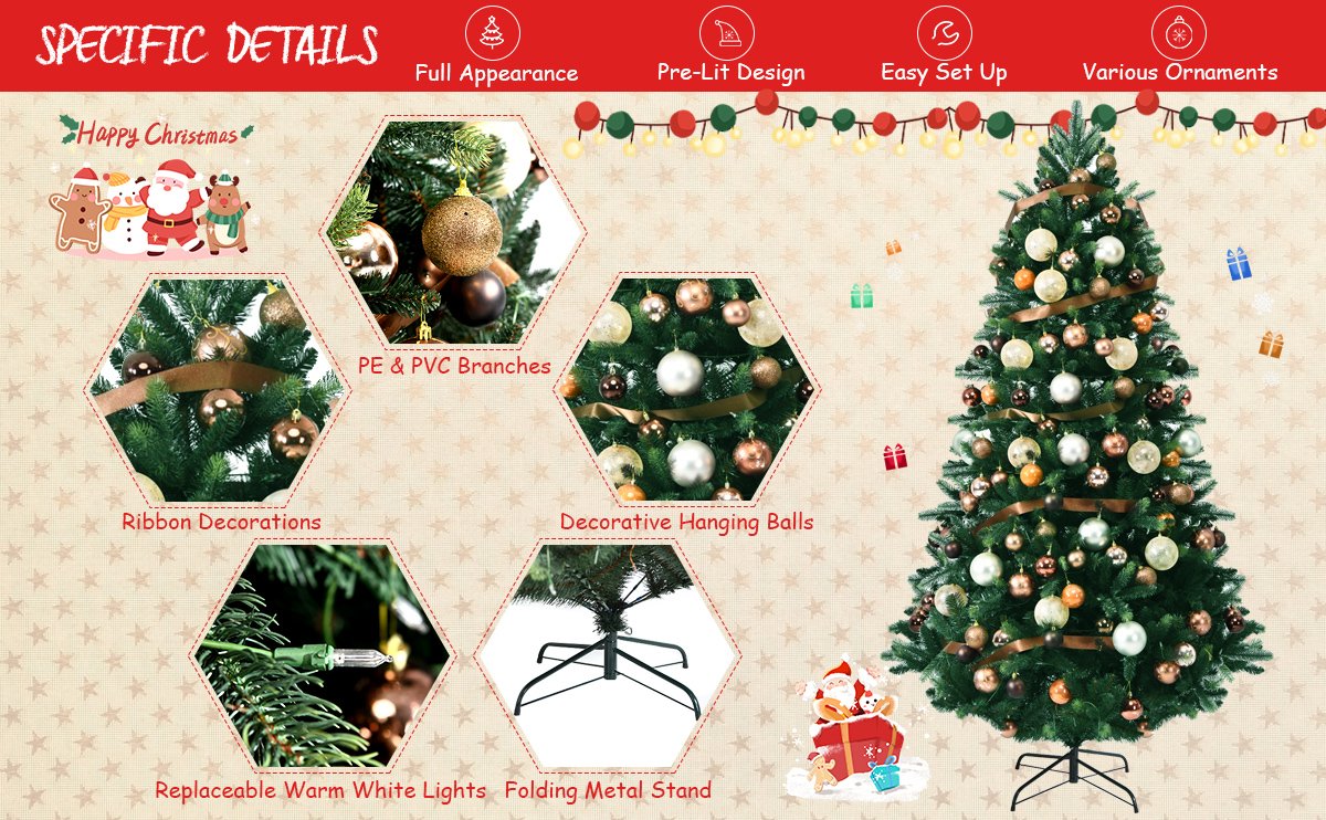 Artificial Christmas Tree with Ornaments and Pre-Lit Lights
