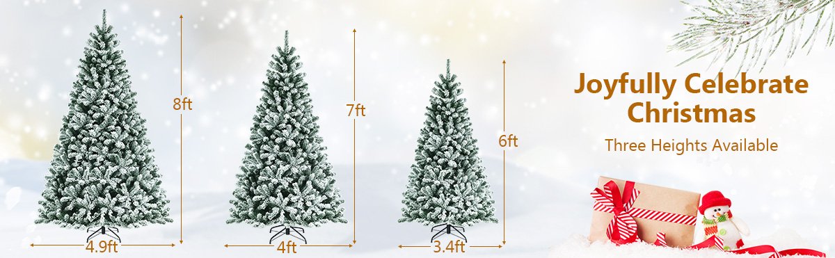Pre-lit Snow Flocked Hinged Christmas Tree with Metal Stand