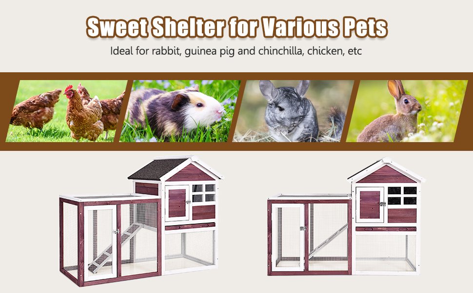 Outdoor Wooden Rabbit Hutch with Asphalt Roof and Removable Tray