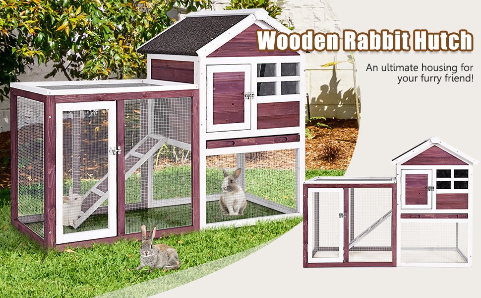 Outdoor Wooden Rabbit Hutch with Asphalt Roof and Removable Tray