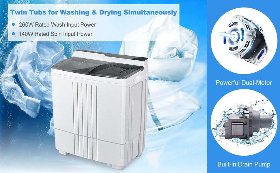Twin Tub Portable Washing Machine with Timer Control and Drain Pump for Apartment