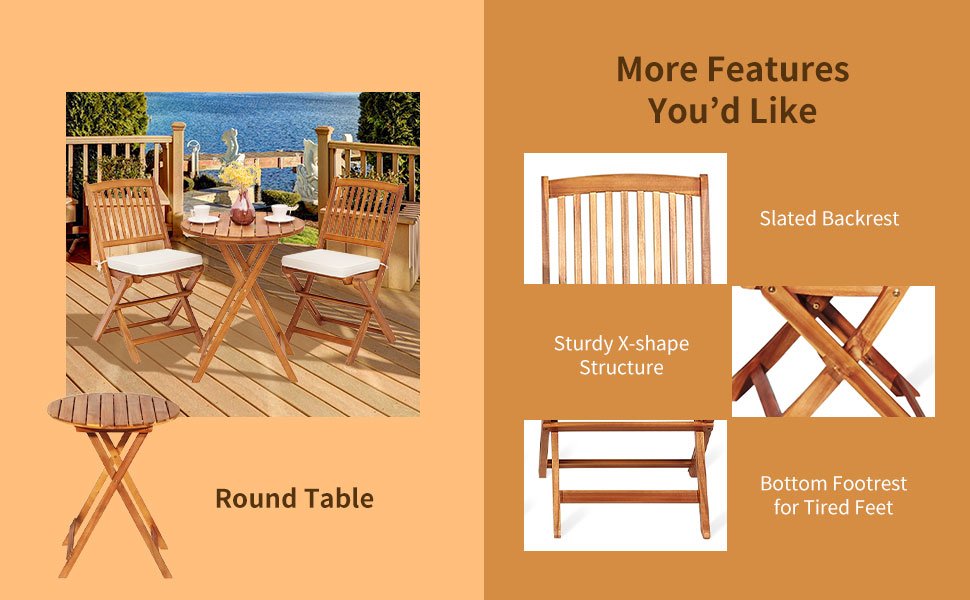 3PCS Patio Folding Wooden Bistro Set Cushioned Chair 